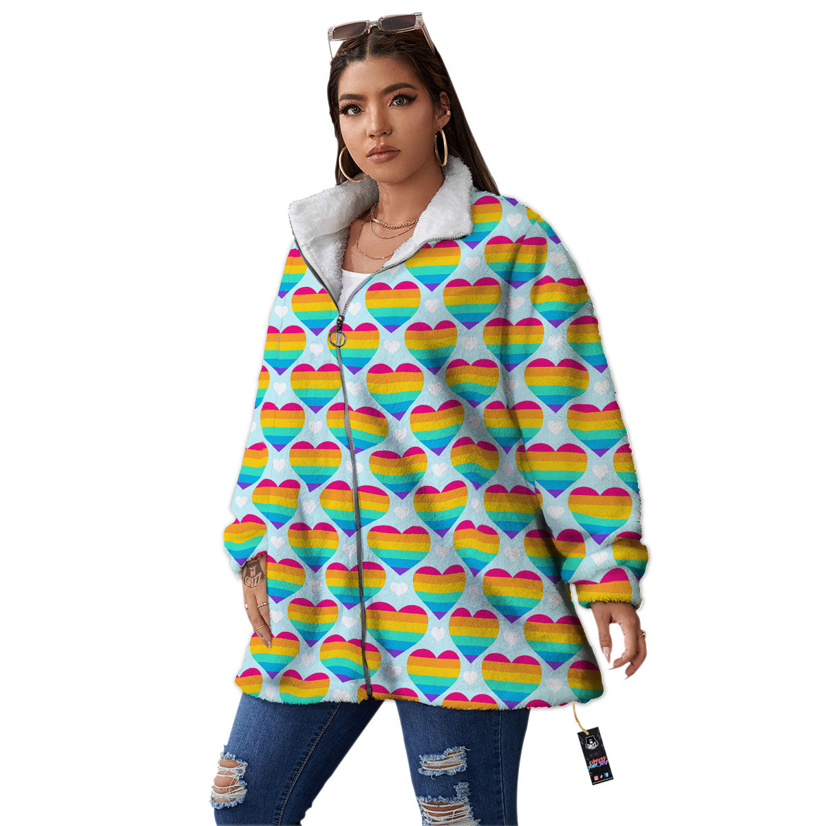 LGBT Heart Rainbow Print Pattern Women's Sherpa Jacket-grizzshop