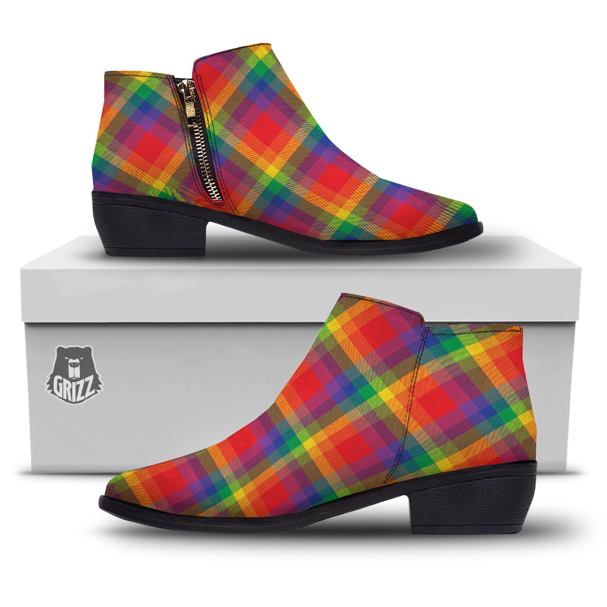 LGBT Plaid Rainbow Print Pattern Ankle Boots-grizzshop