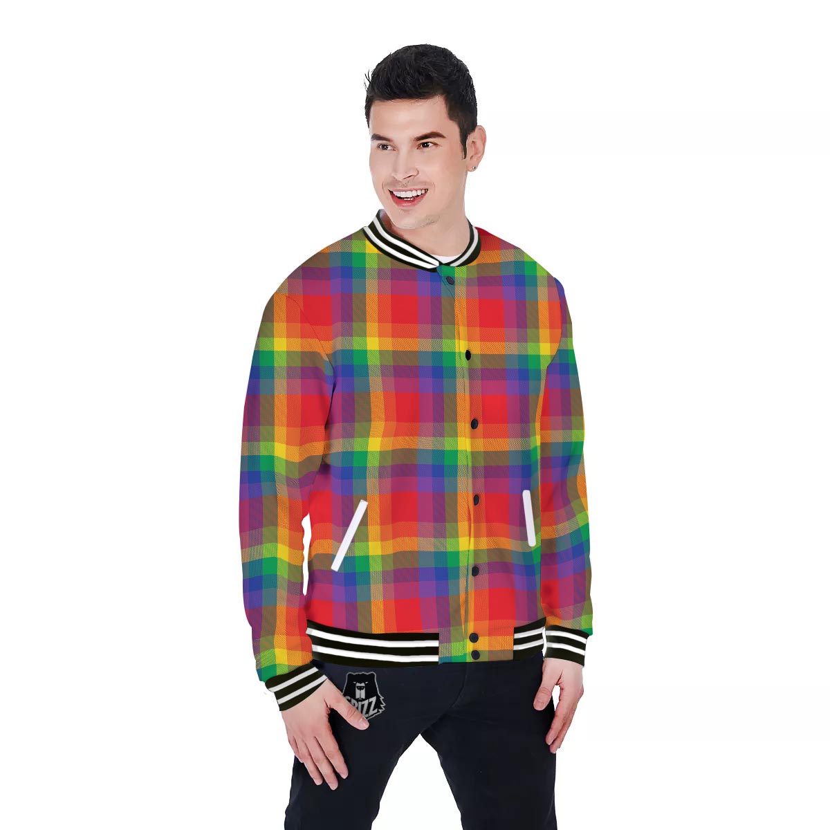 LGBT Plaid Rainbow Print Pattern Baseball Jacket-grizzshop