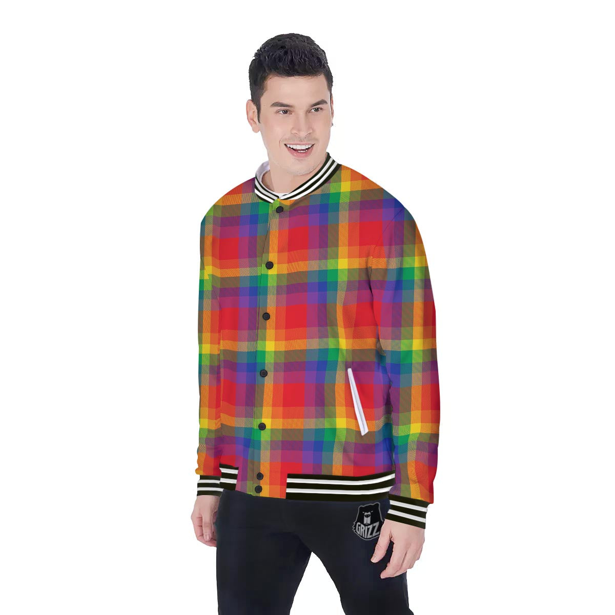 LGBT Plaid Rainbow Print Pattern Baseball Jacket-grizzshop