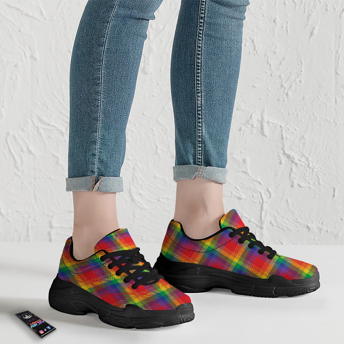 LGBT Plaid Rainbow Print Pattern Black Chunky Shoes-grizzshop