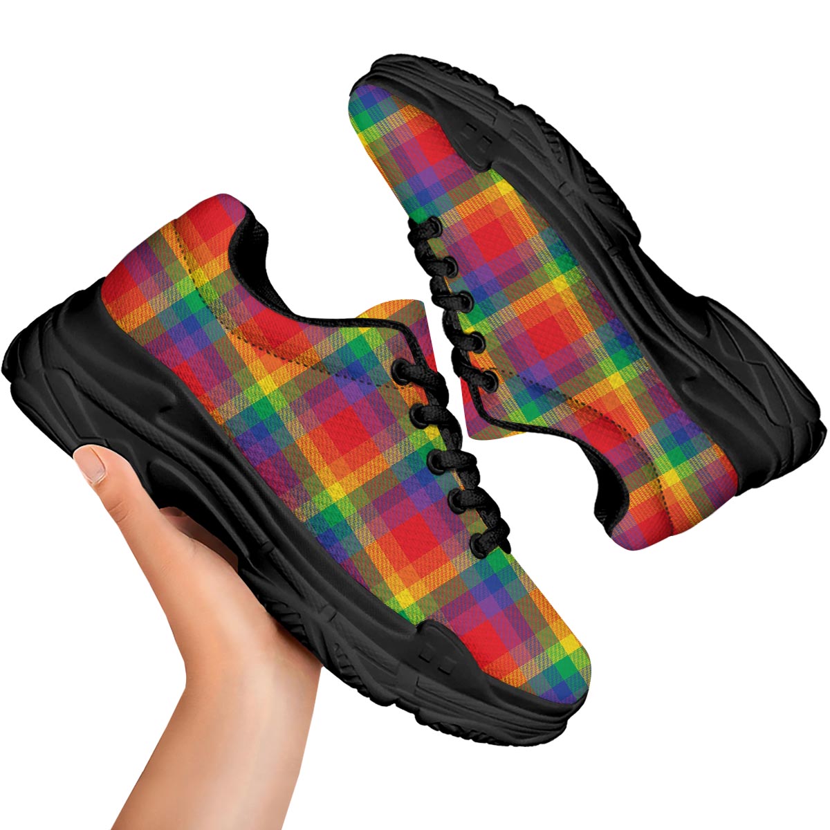 LGBT Plaid Rainbow Print Pattern Black Chunky Shoes-grizzshop