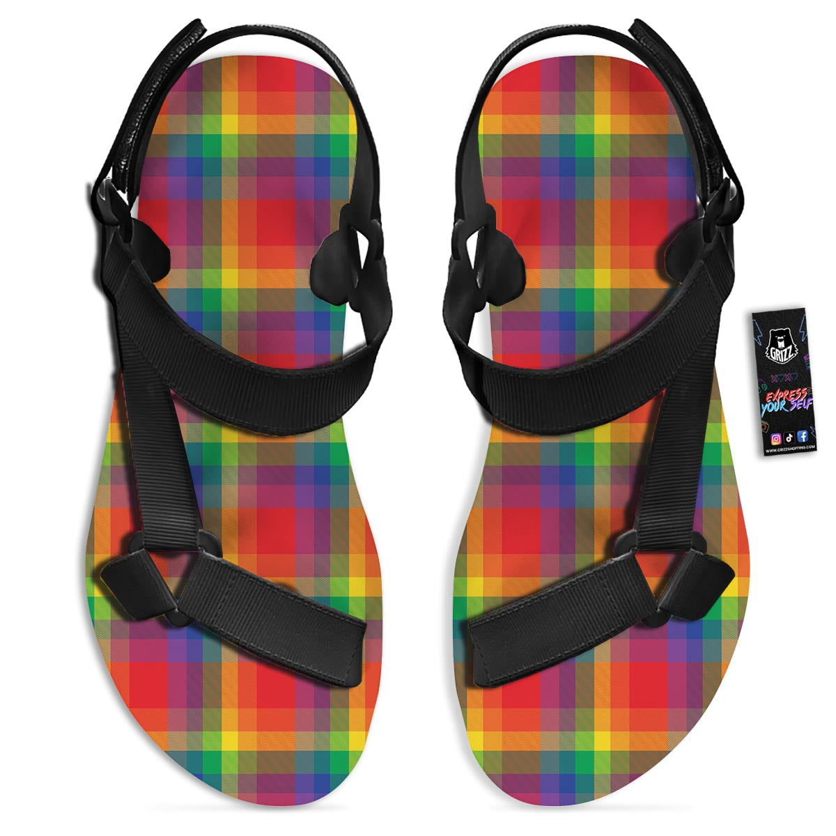 LGBT Plaid Rainbow Print Pattern Black Open Toe Sandals-grizzshop