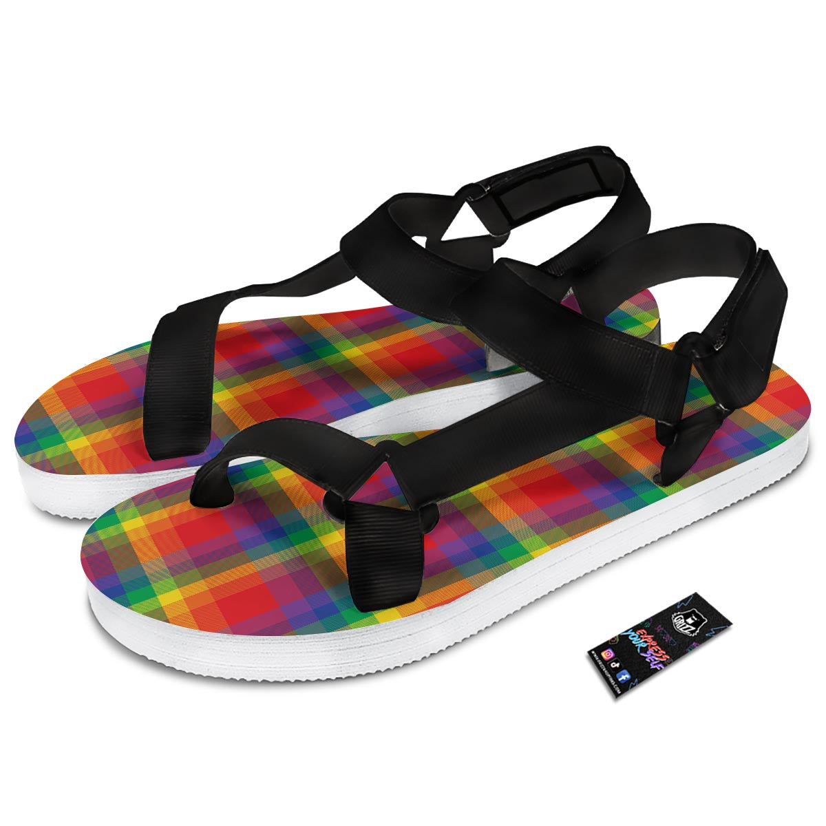 LGBT Plaid Rainbow Print Pattern Black Open Toe Sandals-grizzshop