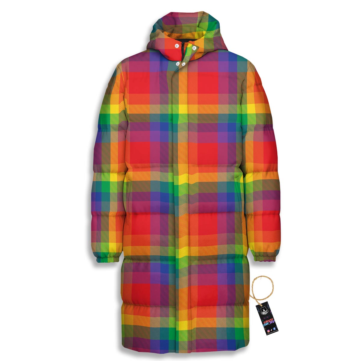 LGBT Plaid Rainbow Print Pattern Long Down Jacket-grizzshop