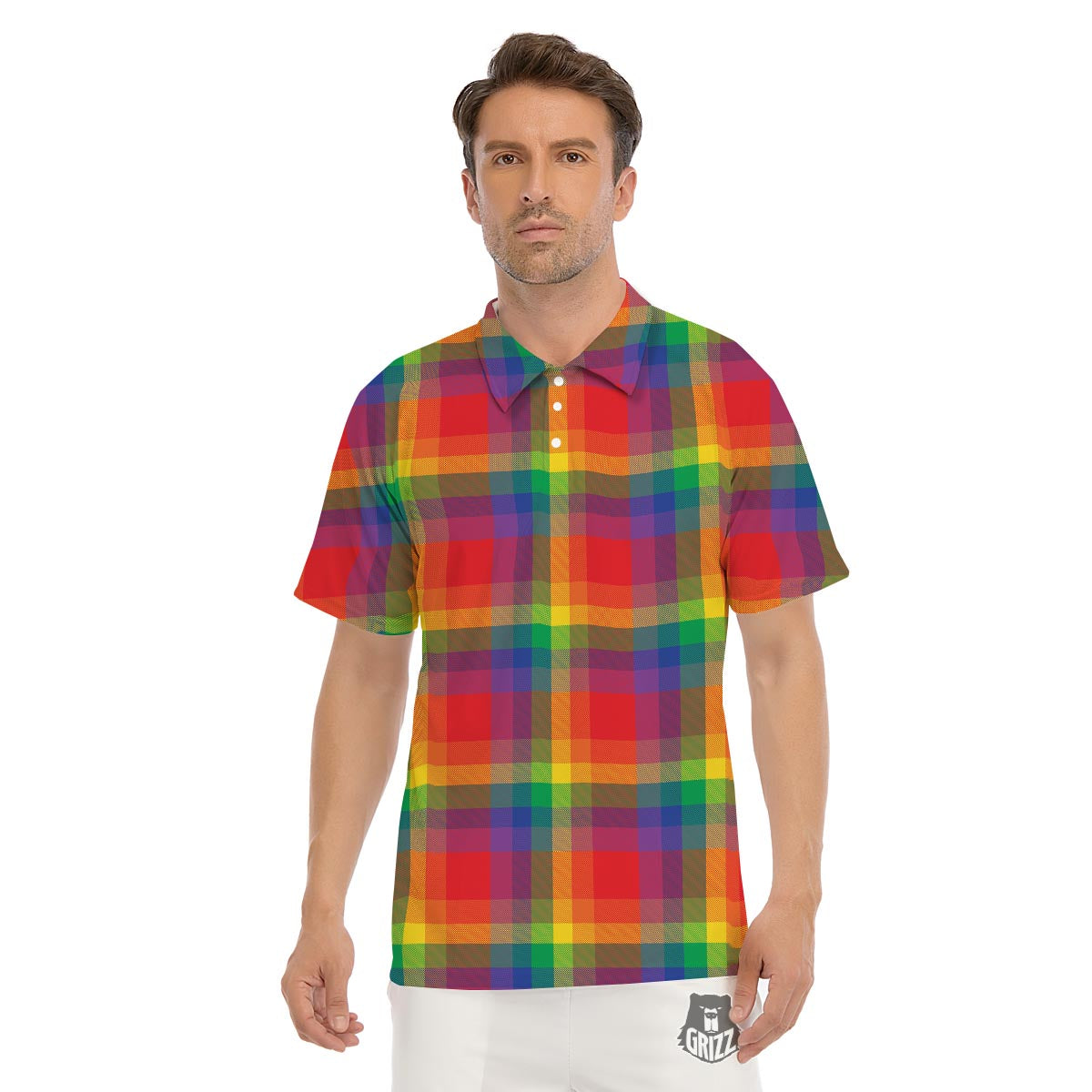 LGBT Plaid Rainbow Print Pattern Men's Golf Shirts-grizzshop