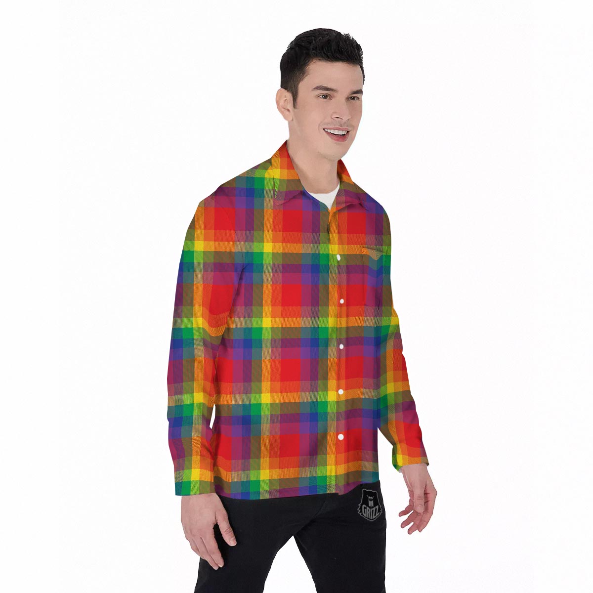 LGBT Plaid Rainbow Print Pattern Men's Long Sleeve Shirts-grizzshop