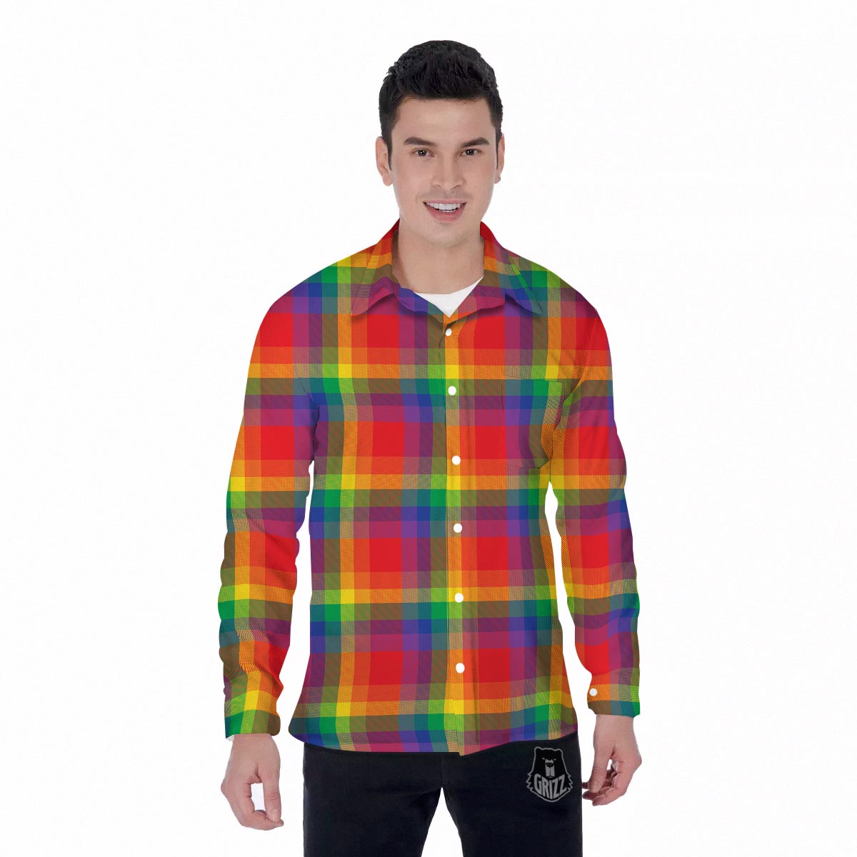 LGBT Plaid Rainbow Print Pattern Men's Long Sleeve Shirts-grizzshop