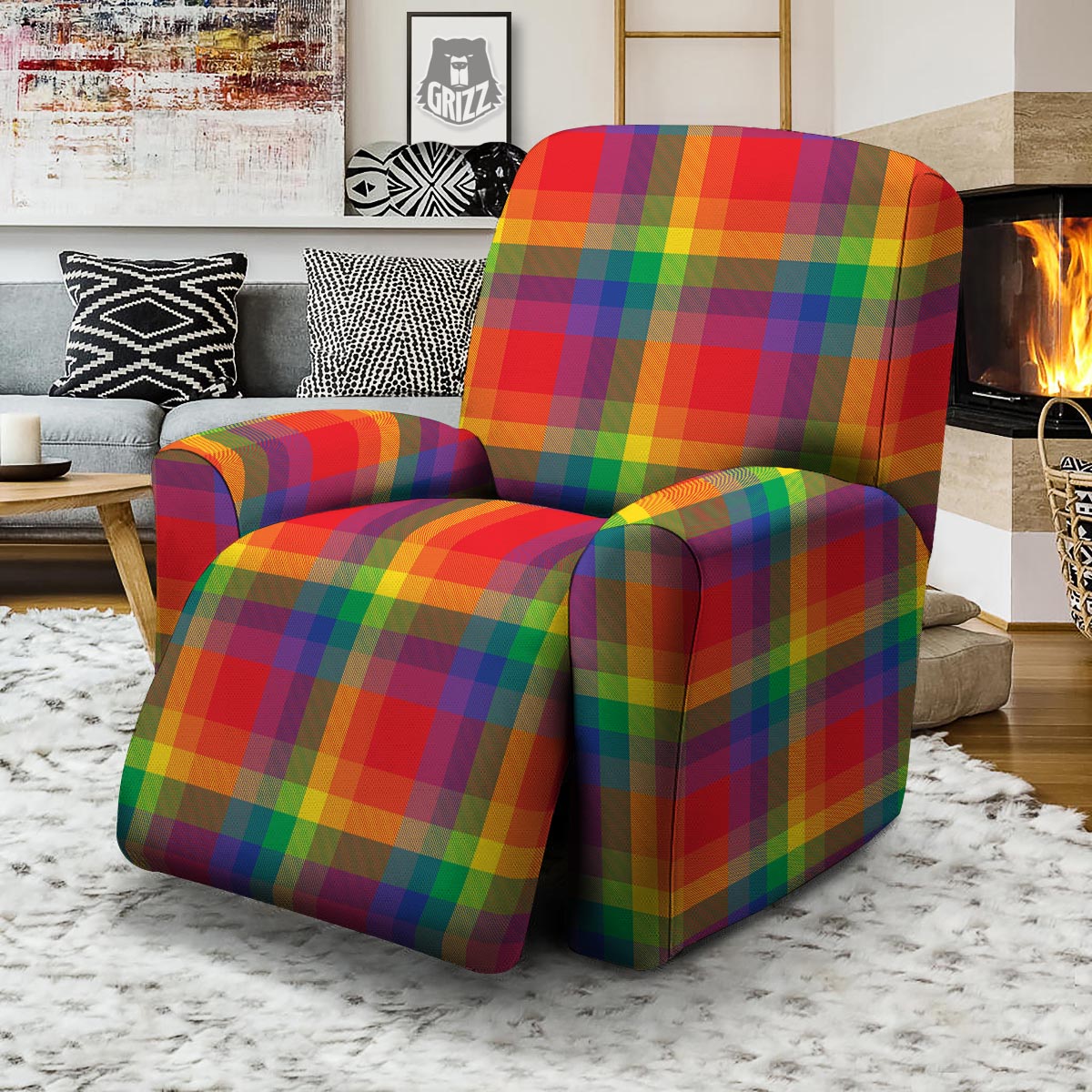 LGBT Plaid Rainbow Print Pattern Recliner Slipcover-grizzshop