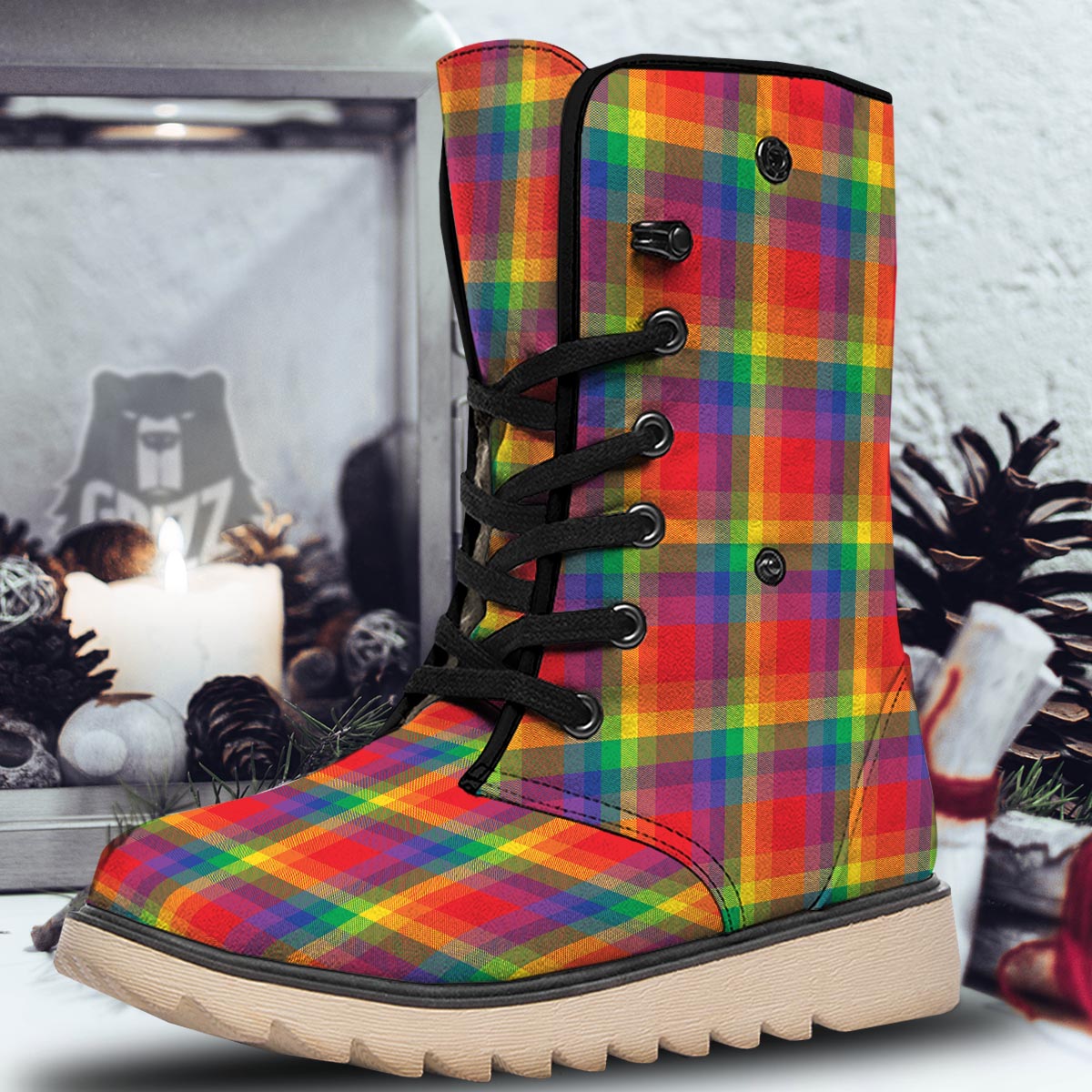 LGBT Plaid Rainbow Print Pattern Snow Boots-grizzshop