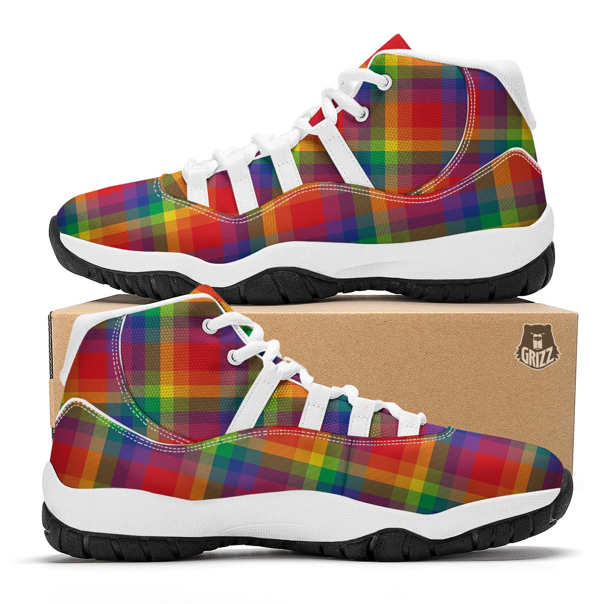 LGBT Plaid Rainbow Print Pattern White Bball Shoes-grizzshop