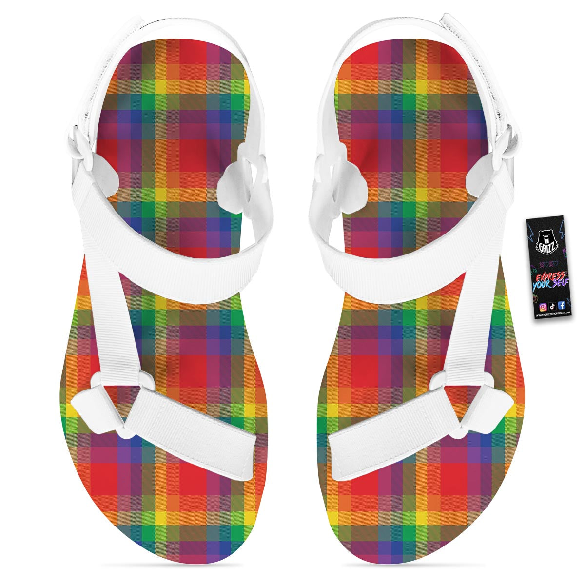 LGBT Plaid Rainbow Print Pattern White Open Toe Sandals-grizzshop