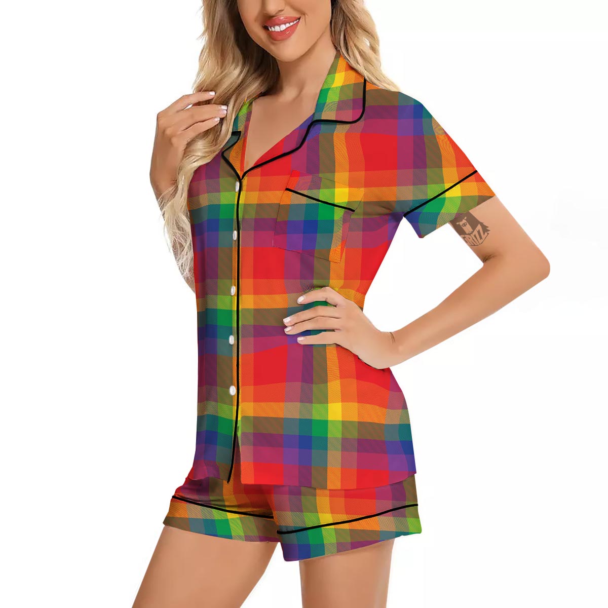 LGBT Plaid Rainbow Print Pattern Women Silk Pajamas-grizzshop