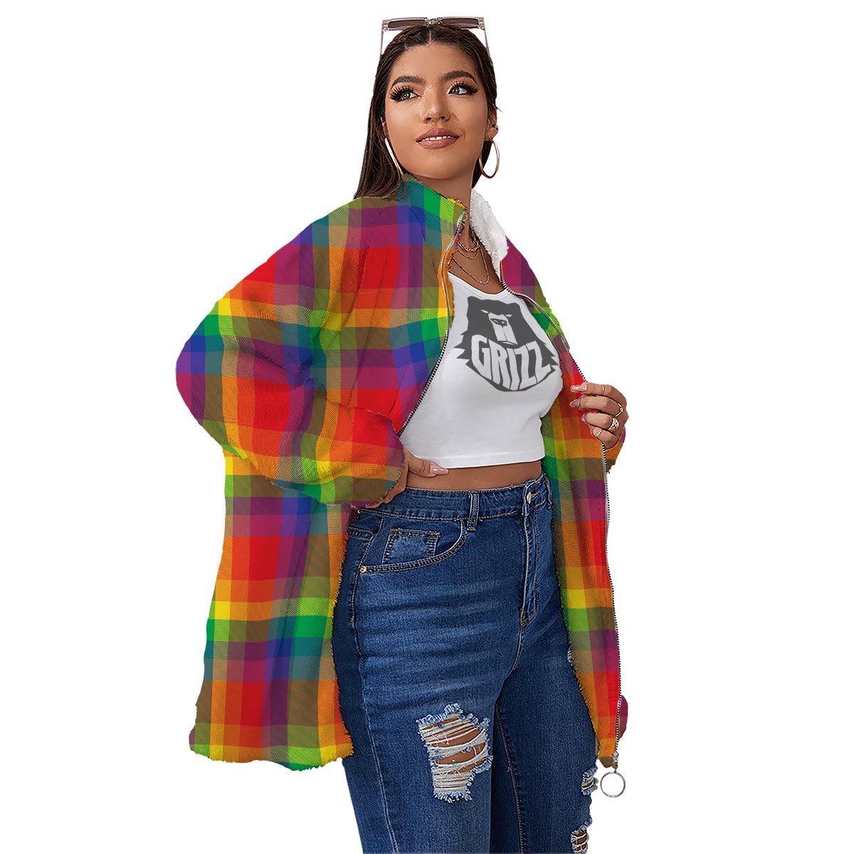 LGBT Plaid Rainbow Print Pattern Women's Sherpa Jacket-grizzshop