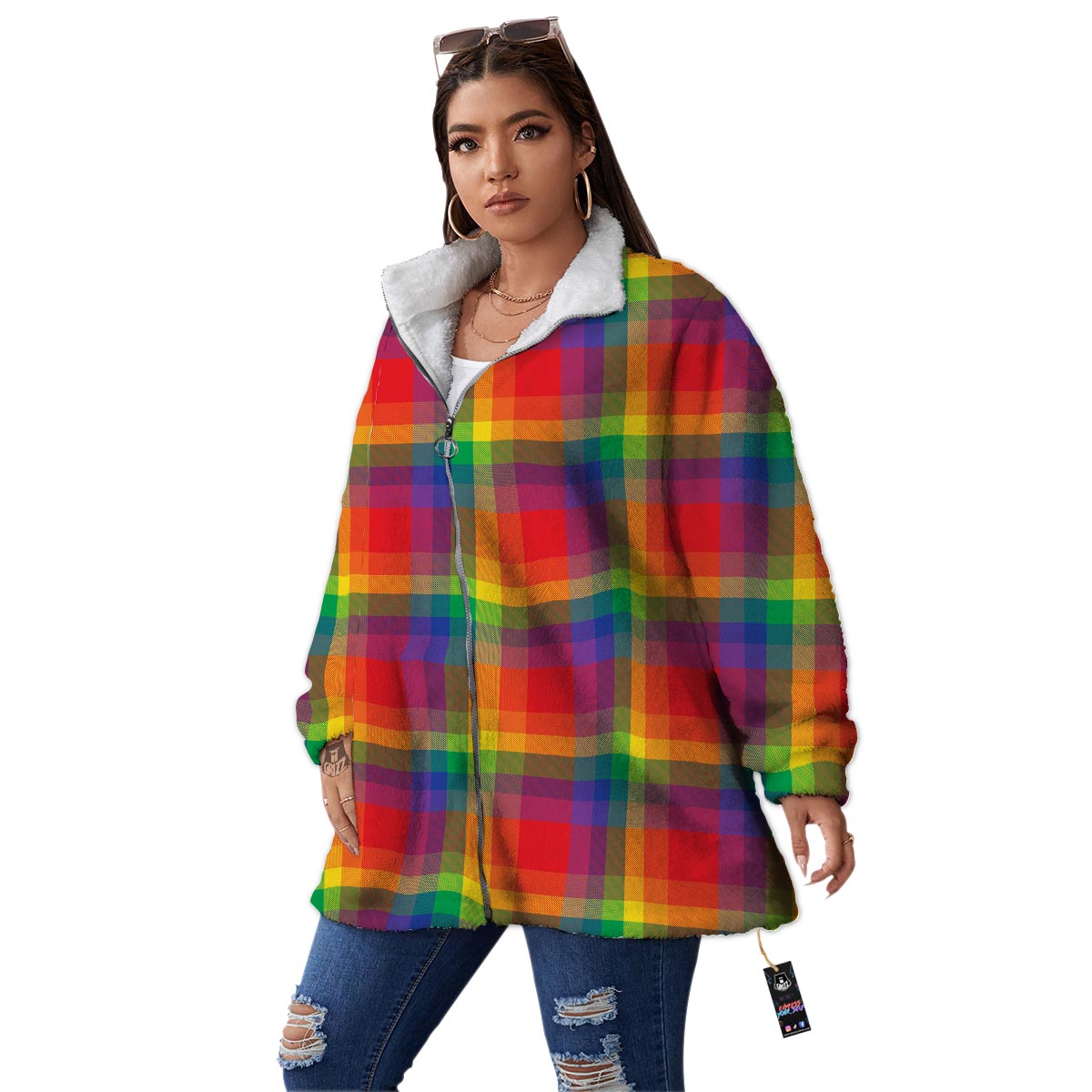 LGBT Plaid Rainbow Print Pattern Women's Sherpa Jacket-grizzshop