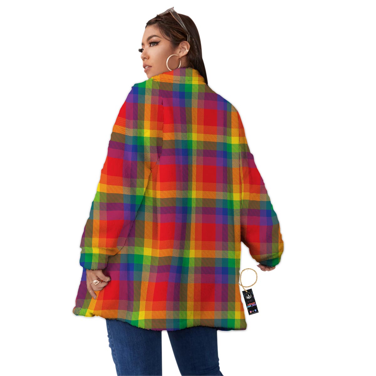 LGBT Plaid Rainbow Print Pattern Women's Sherpa Jacket-grizzshop