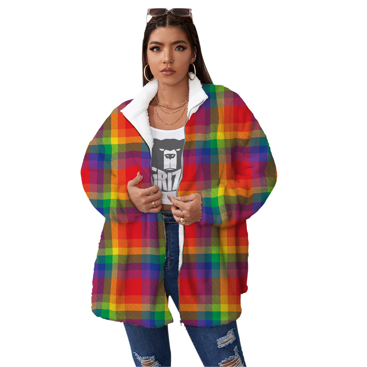 LGBT Plaid Rainbow Print Pattern Women's Sherpa Jacket-grizzshop