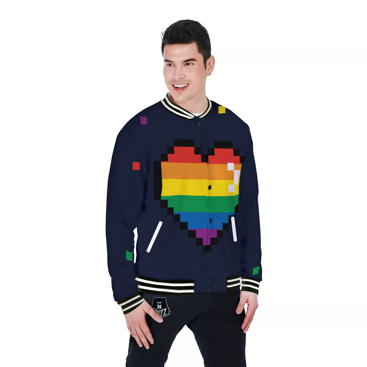 LGBT Pride 8 Bit Rainbow Pixel Heart Baseball Jacket-grizzshop