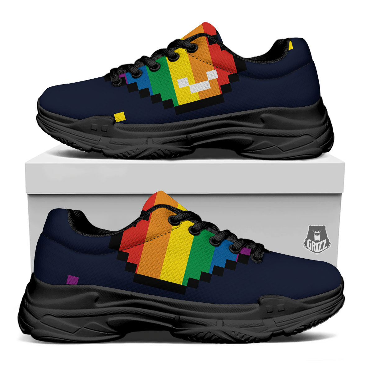 LGBT Pride 8 Bit Rainbow Pixel Heart Black Chunky Shoes-grizzshop