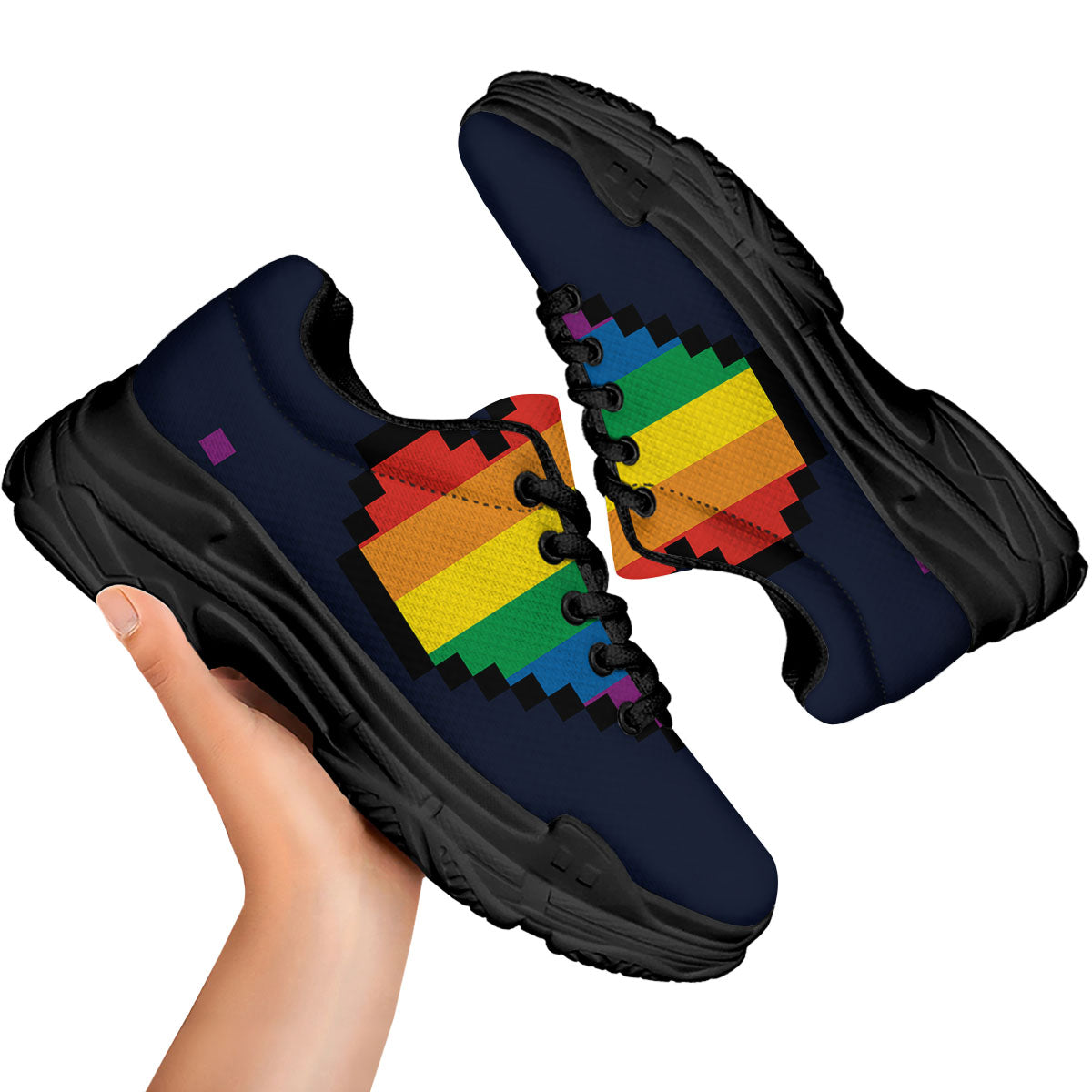 LGBT Pride 8 Bit Rainbow Pixel Heart Black Chunky Shoes-grizzshop