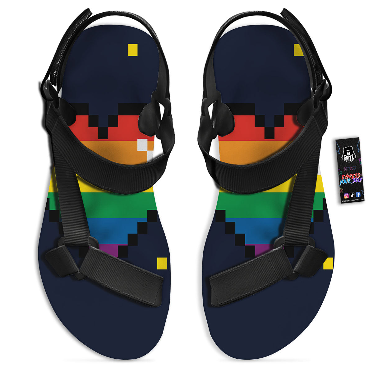 LGBT Pride 8 Bit Rainbow Pixel Heart Black Open Toe Sandals-grizzshop