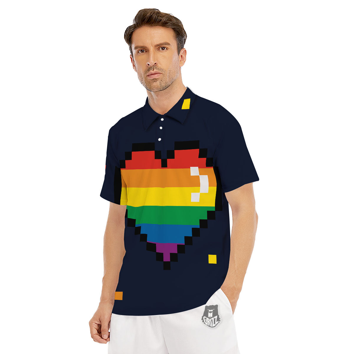 LGBT Pride 8 Bit Rainbow Pixel Heart Men's Golf Shirts-grizzshop