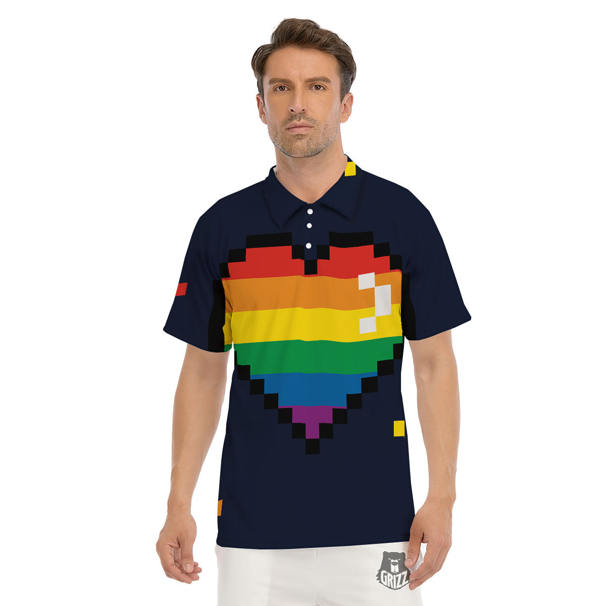 LGBT Pride 8 Bit Rainbow Pixel Heart Men's Golf Shirts-grizzshop