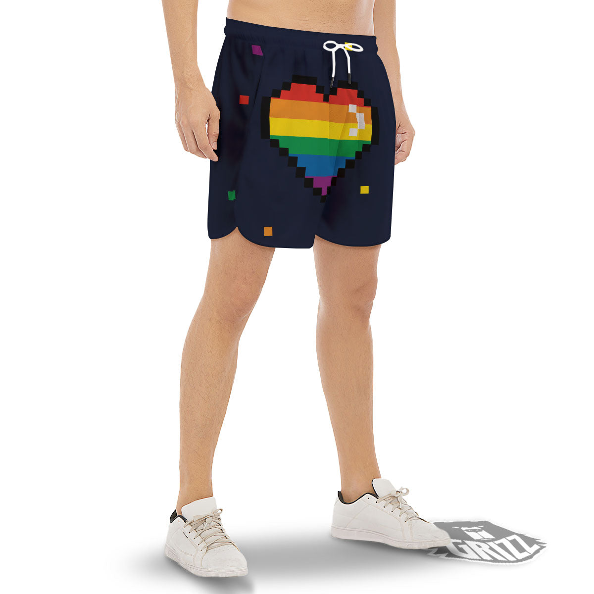 LGBT Pride 8 Bit Rainbow Pixel Heart Men's Gym Shorts-grizzshop