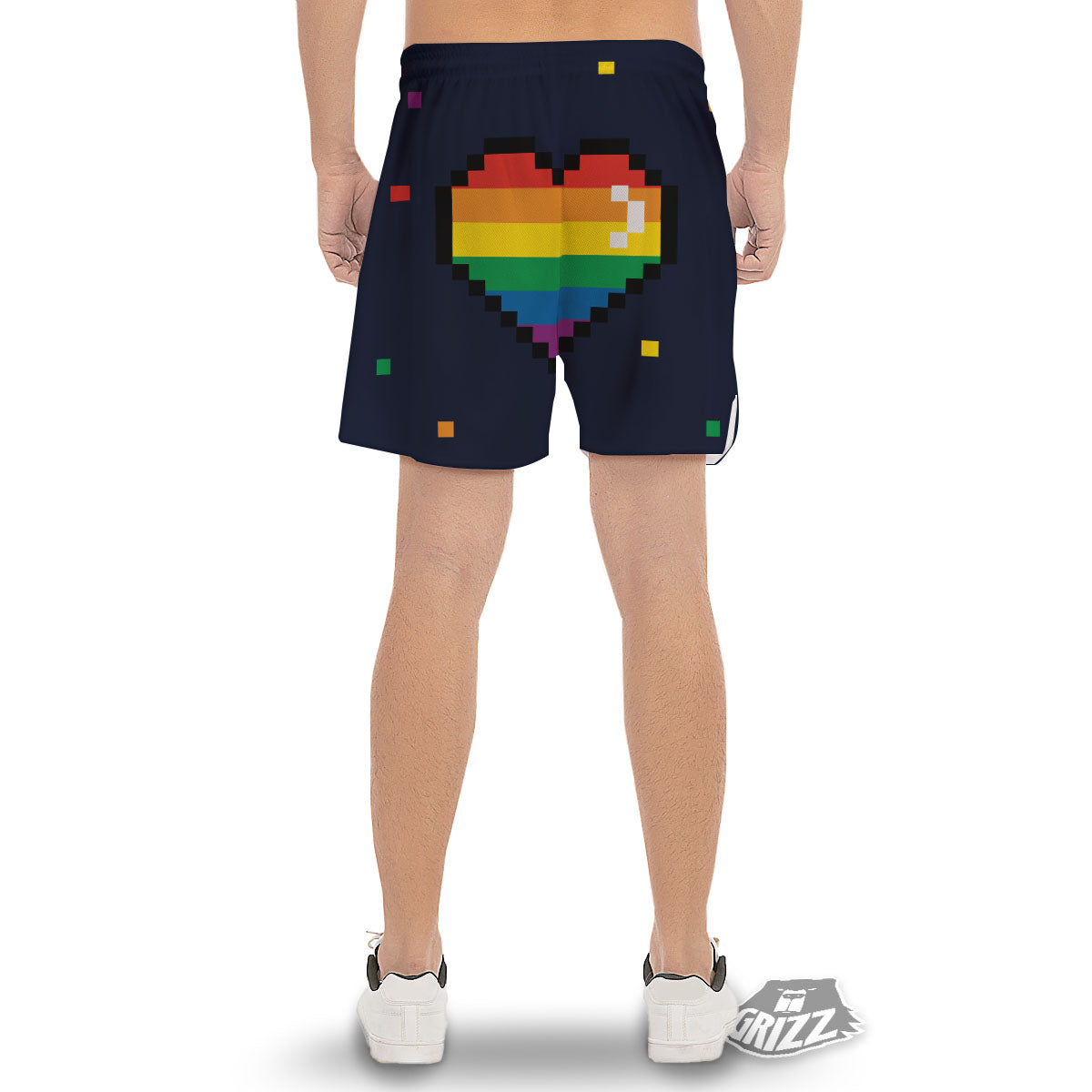 LGBT Pride 8 Bit Rainbow Pixel Heart Men's Gym Shorts-grizzshop