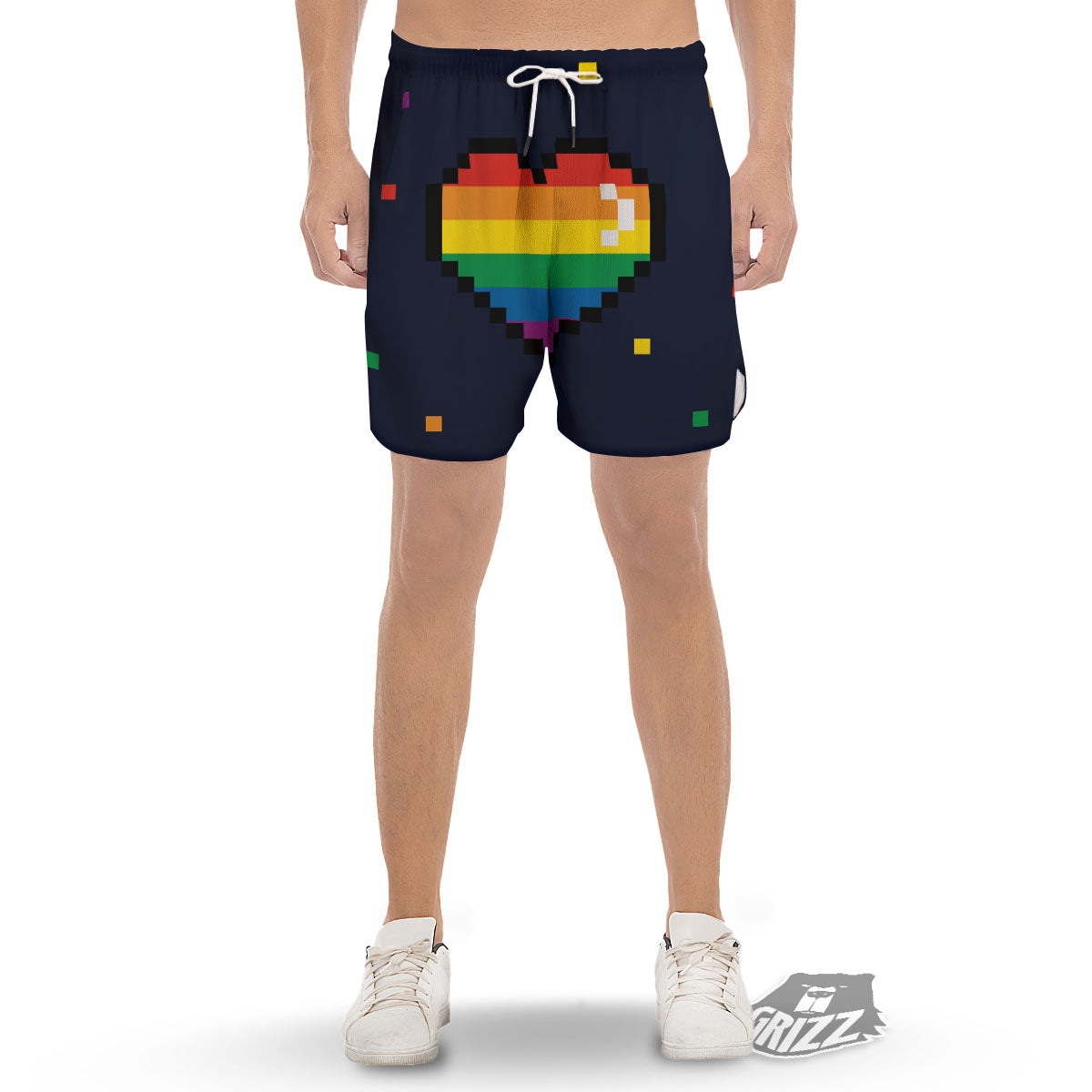 LGBT Pride 8 Bit Rainbow Pixel Heart Men's Gym Shorts-grizzshop