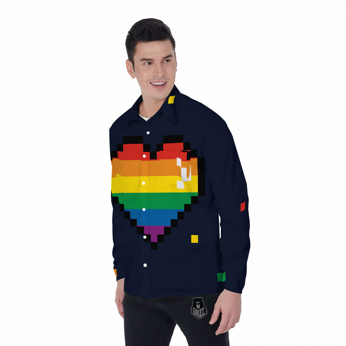 LGBT Pride 8 Bit Rainbow Pixel Heart Men's Long Sleeve Shirts-grizzshop