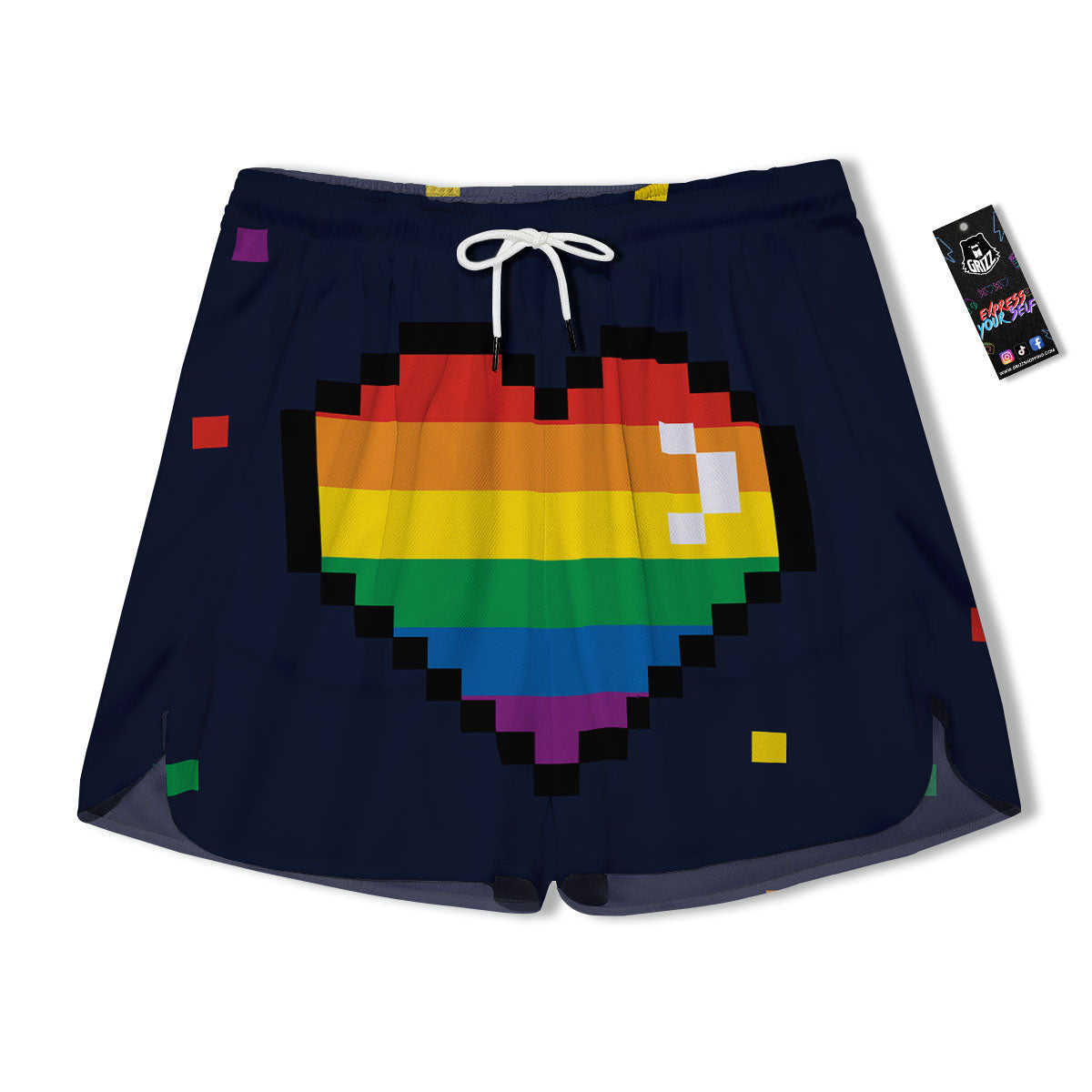 LGBT Pride 8 Bit Rainbow Pixel Heart Men's Running Shorts-grizzshop