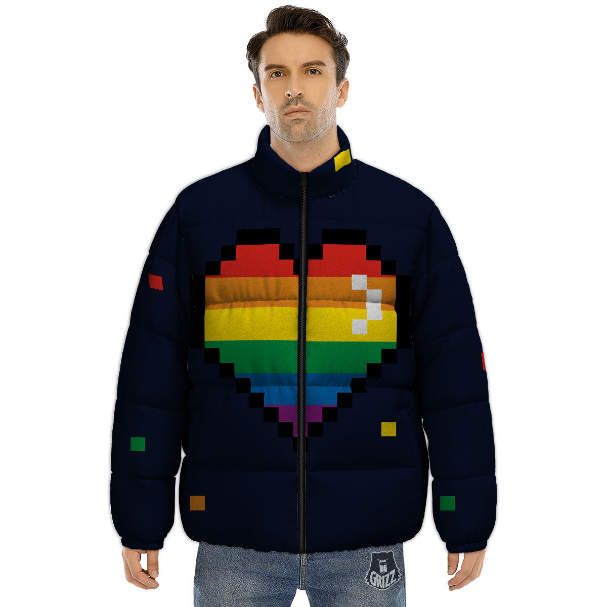 LGBT Pride 8 Bit Rainbow Pixel Heart Puffer Jacket-grizzshop