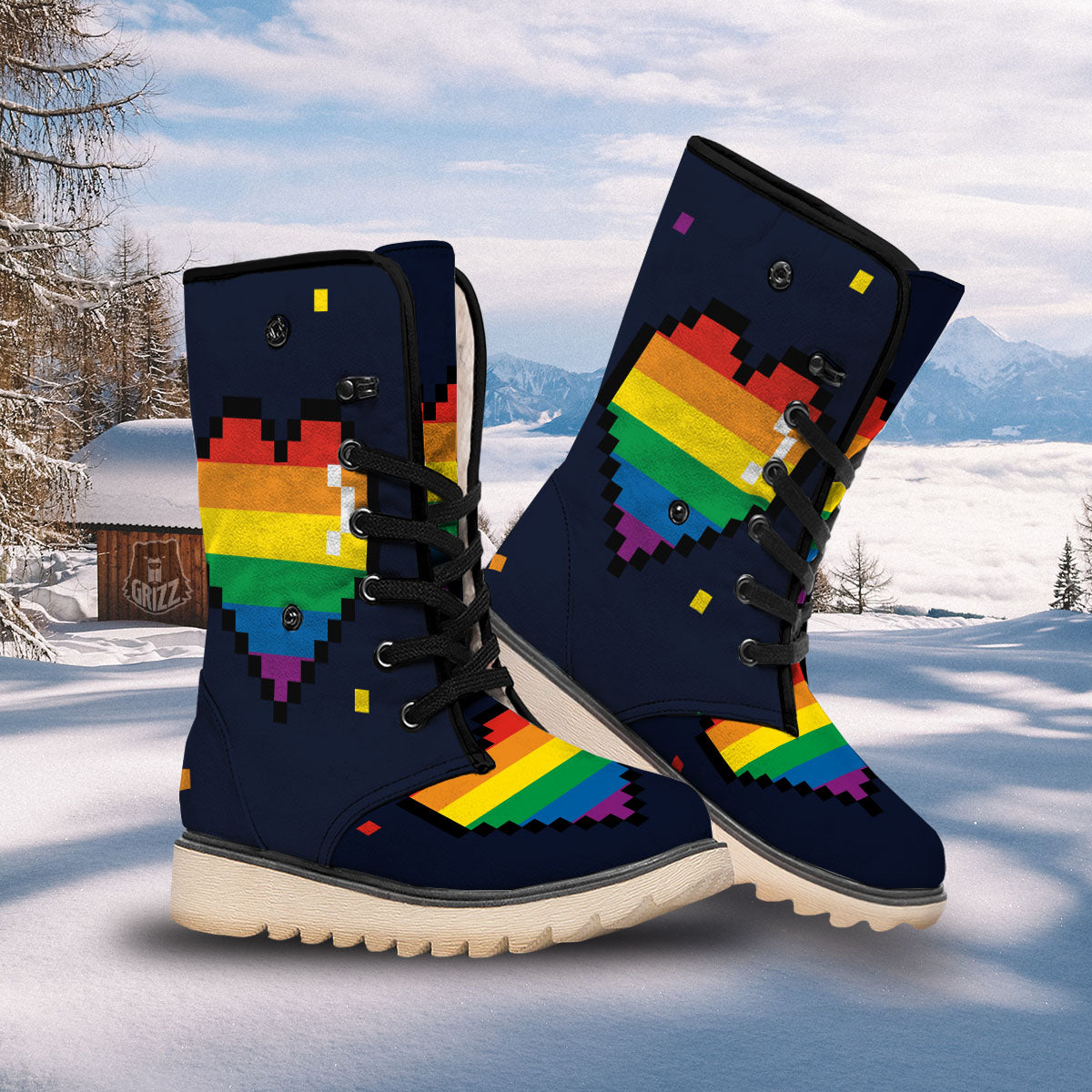 LGBT Pride 8 Bit Rainbow Pixel Heart Snow Boots-grizzshop