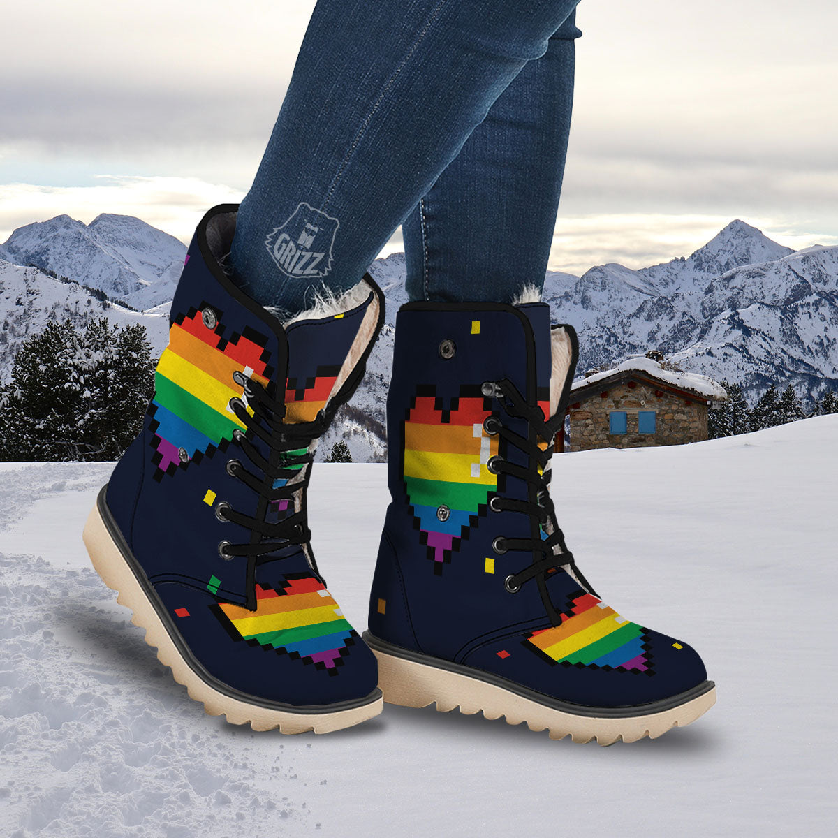 LGBT Pride 8 Bit Rainbow Pixel Heart Snow Boots-grizzshop