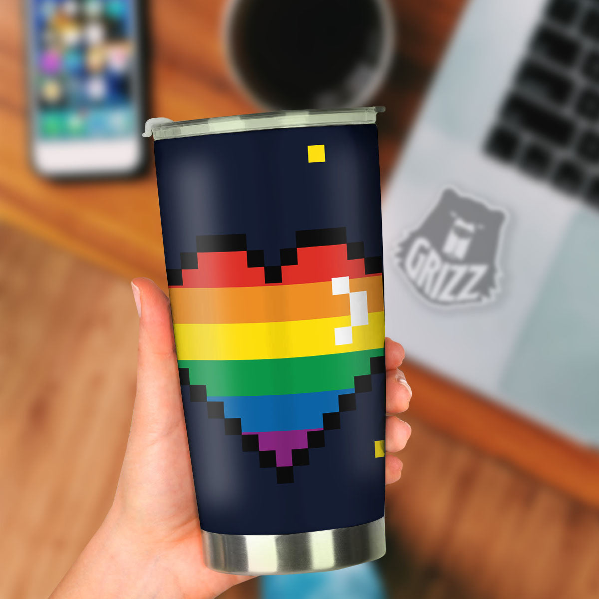 LGBT Pride 8 Bit Rainbow Pixel Heart Tumbler-grizzshop