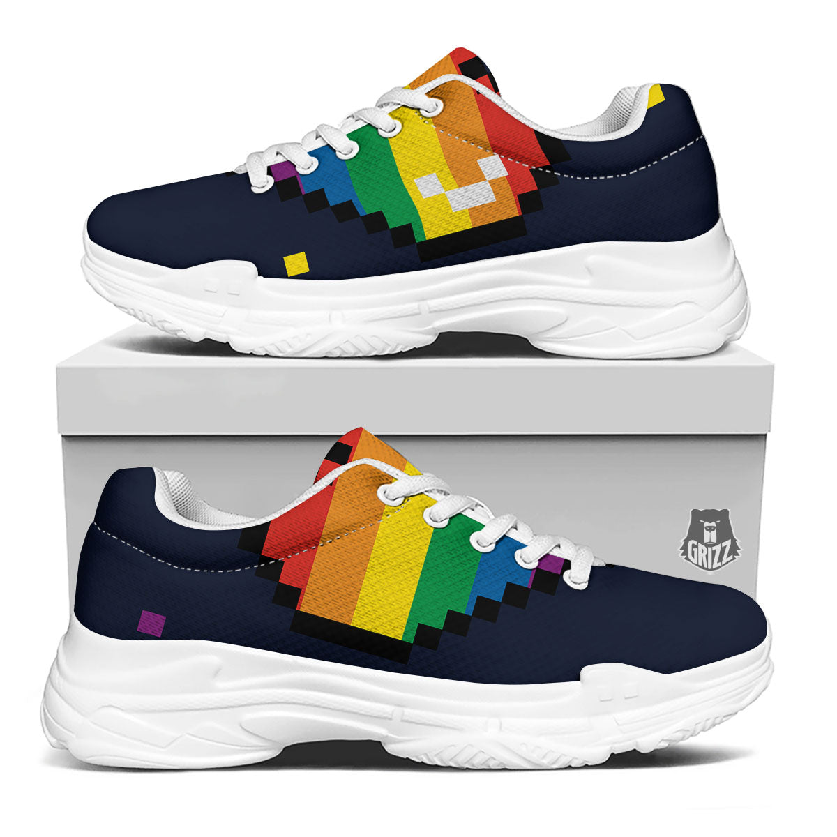 LGBT Pride 8 Bit Rainbow Pixel Heart White Chunky Shoes-grizzshop