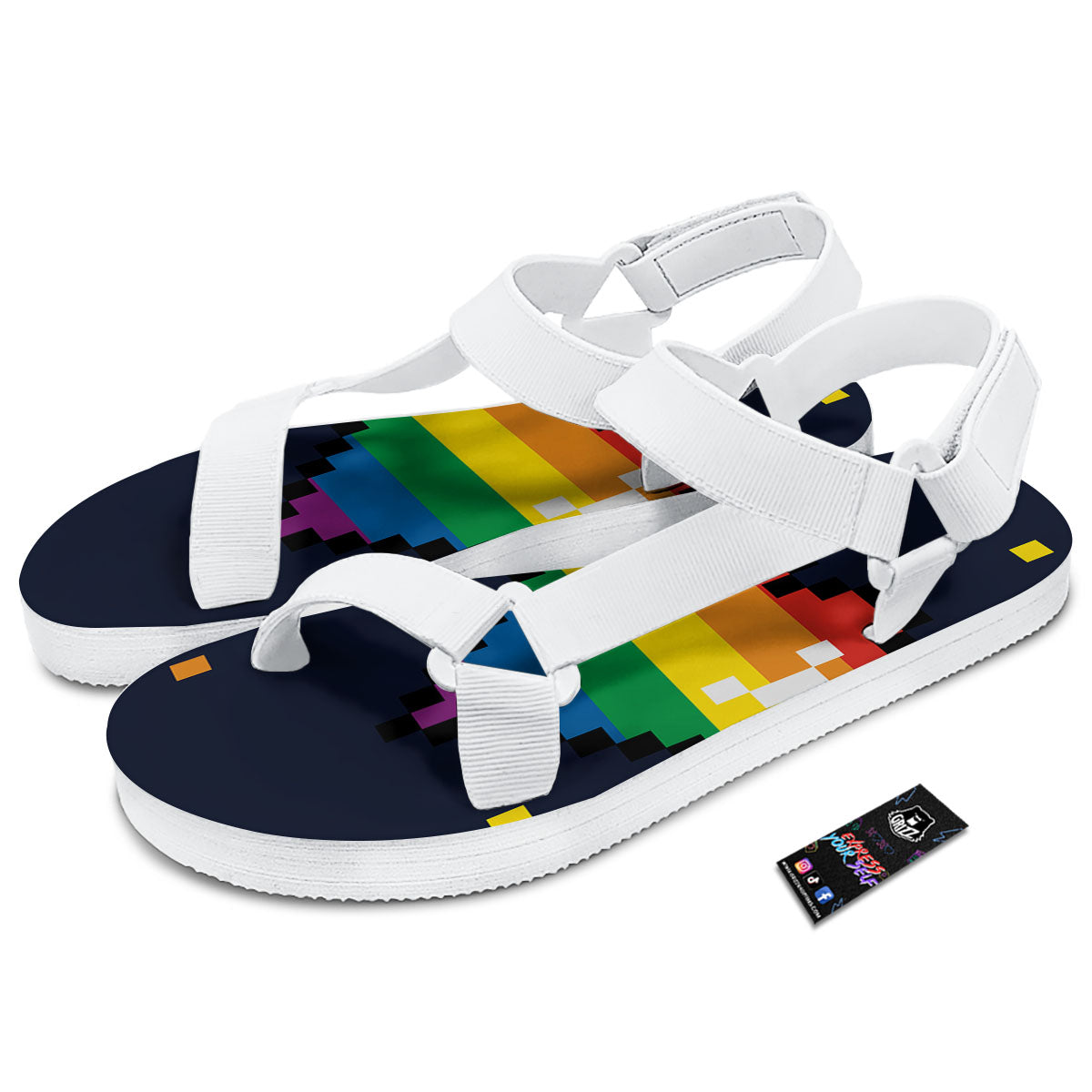 LGBT Pride 8 Bit Rainbow Pixel Heart White Open Toe Sandals-grizzshop