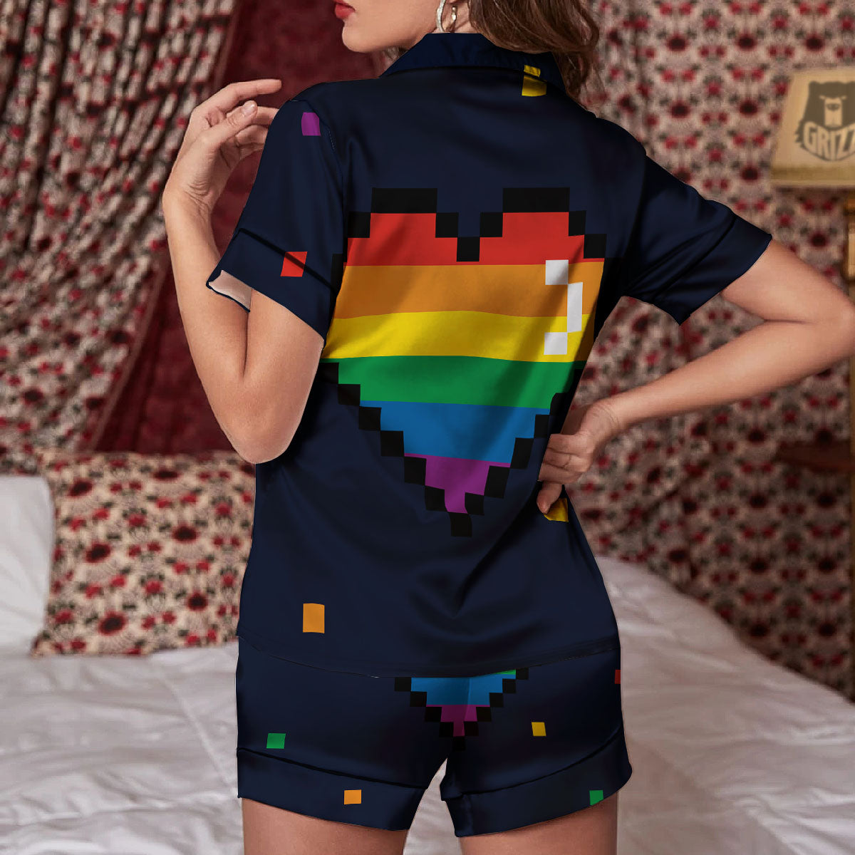 LGBT Pride 8 Bit Rainbow Pixel Heart Women Silk Pajamas-grizzshop