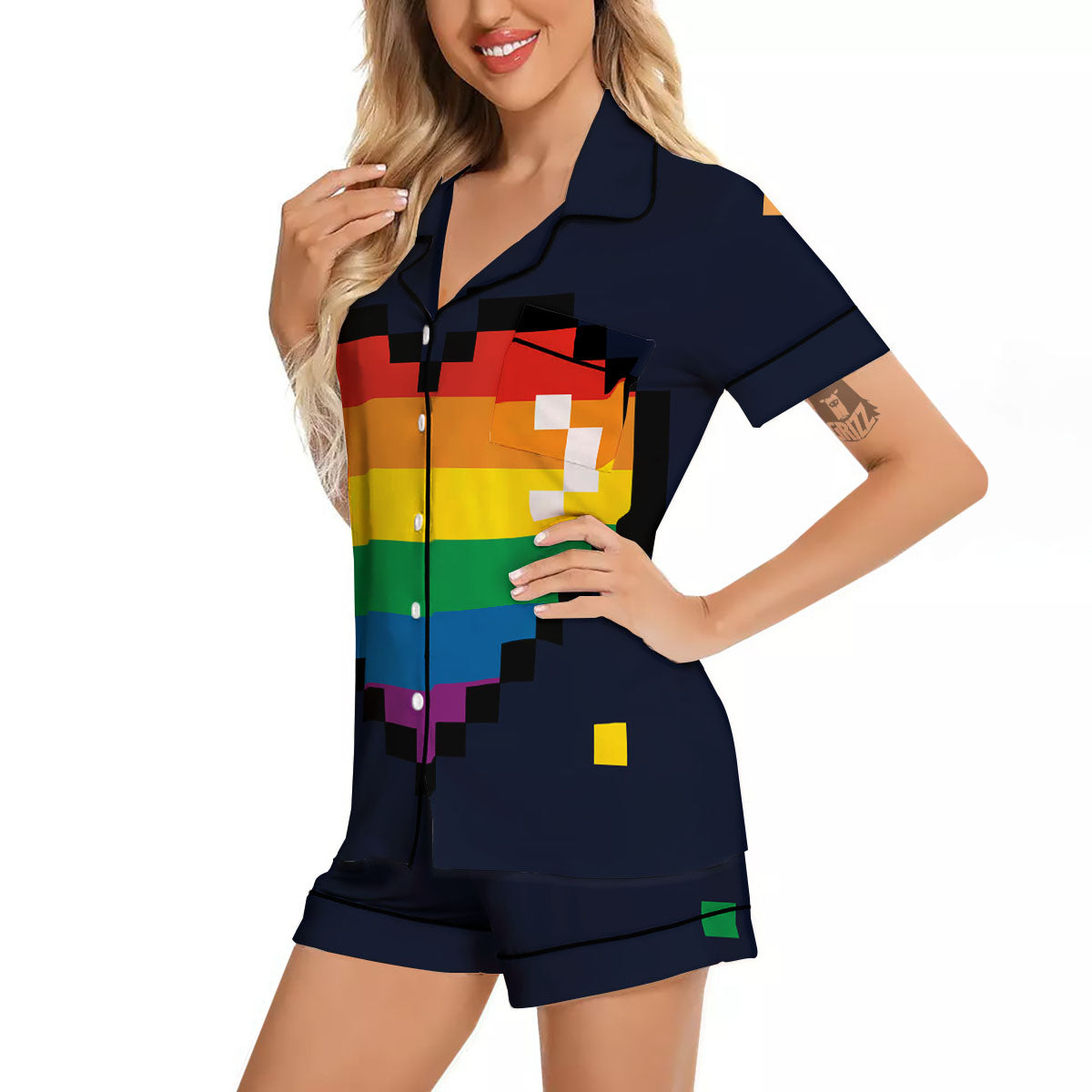LGBT Pride 8 Bit Rainbow Pixel Heart Women Silk Pajamas-grizzshop