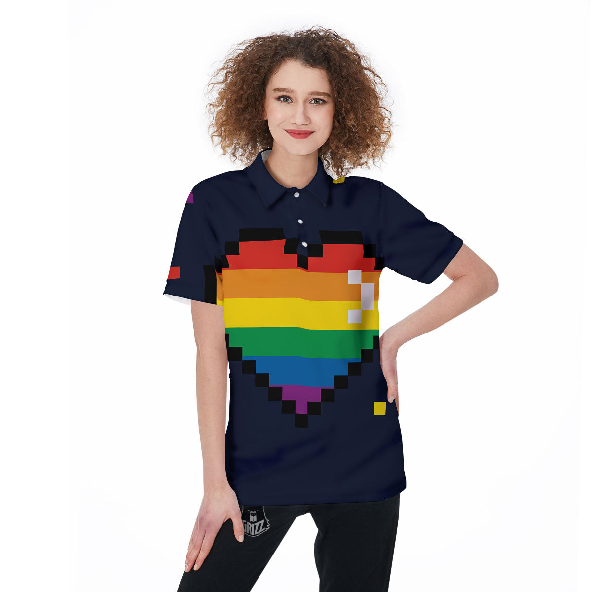 LGBT Pride 8 Bit Rainbow Pixel Heart Women's Golf Shirts-grizzshop