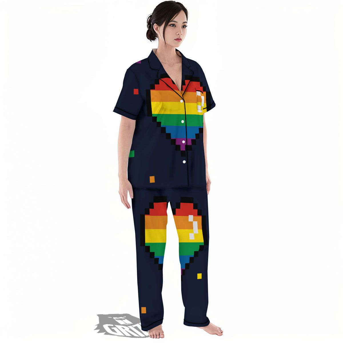 LGBT Pride 8 Bit Rainbow Pixel Heart Women's Pajamas Set-grizzshop