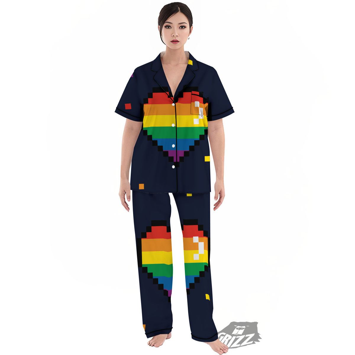 LGBT Pride 8 Bit Rainbow Pixel Heart Women's Pajamas Set-grizzshop