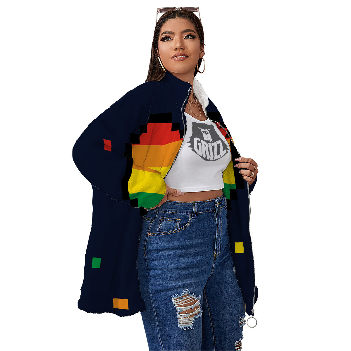 LGBT Pride 8 Bit Rainbow Pixel Heart Women's Sherpa Jacket-grizzshop