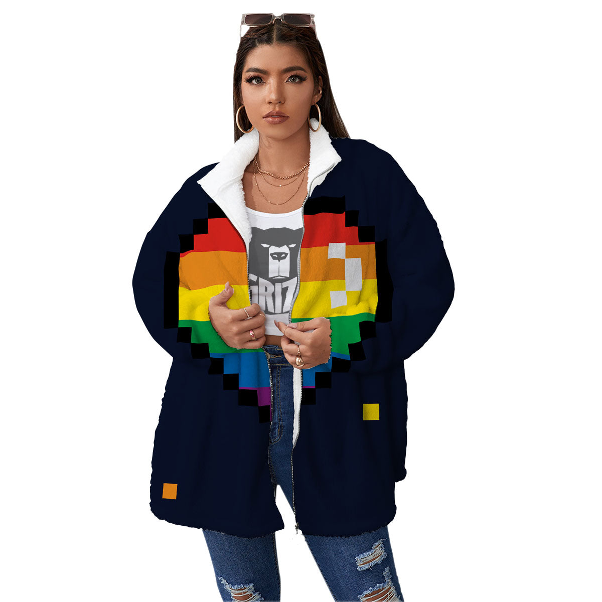 LGBT Pride 8 Bit Rainbow Pixel Heart Women's Sherpa Jacket-grizzshop