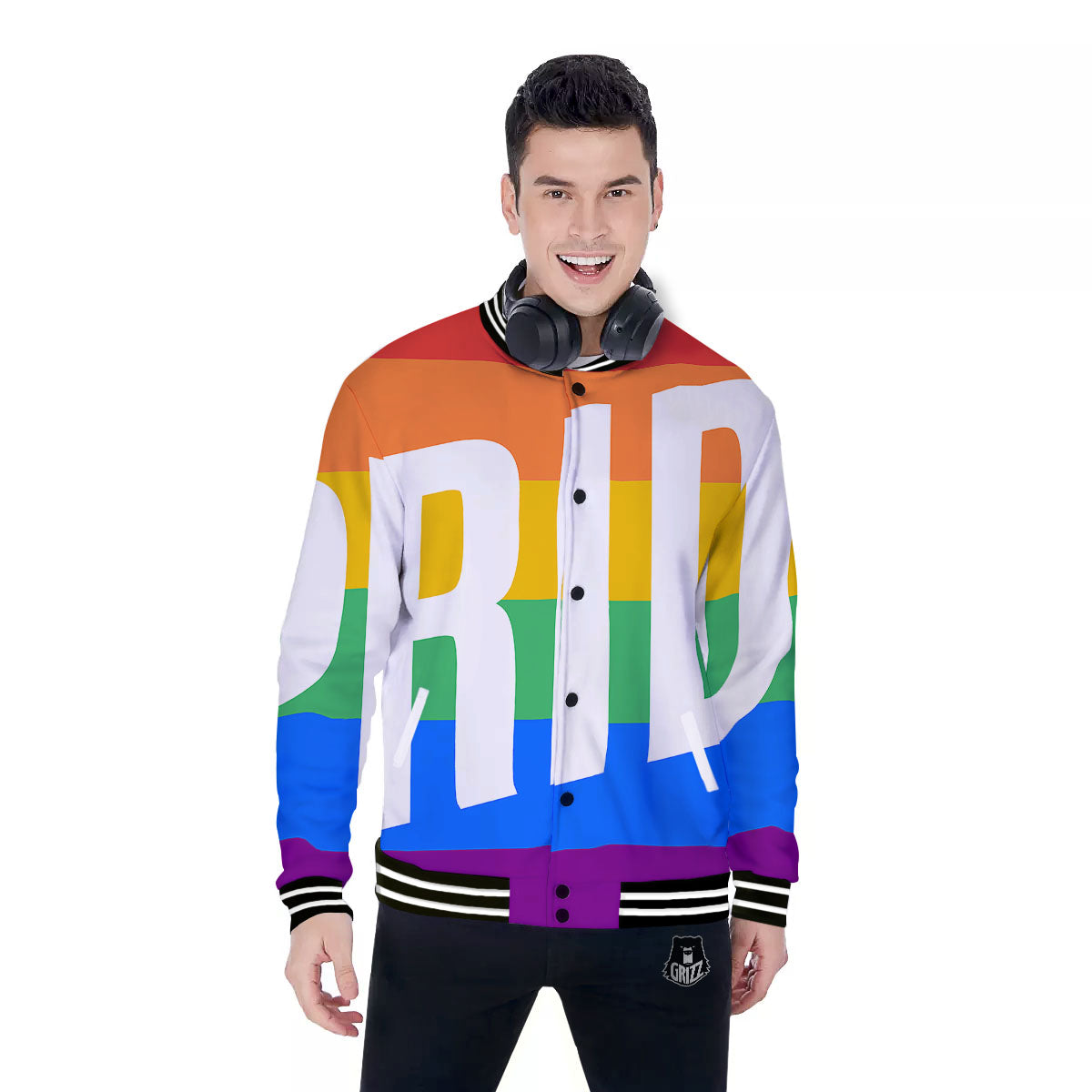 LGBT Pride Flag Pattern Print Baseball Jacket-grizzshop