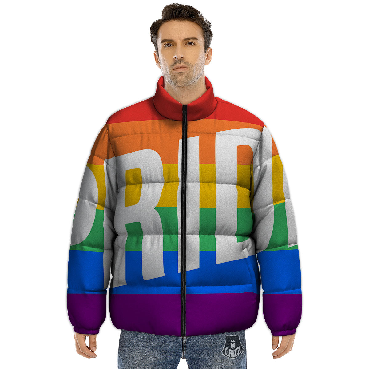 LGBT Pride Flag Pattern Print Puffer Jacket-grizzshop