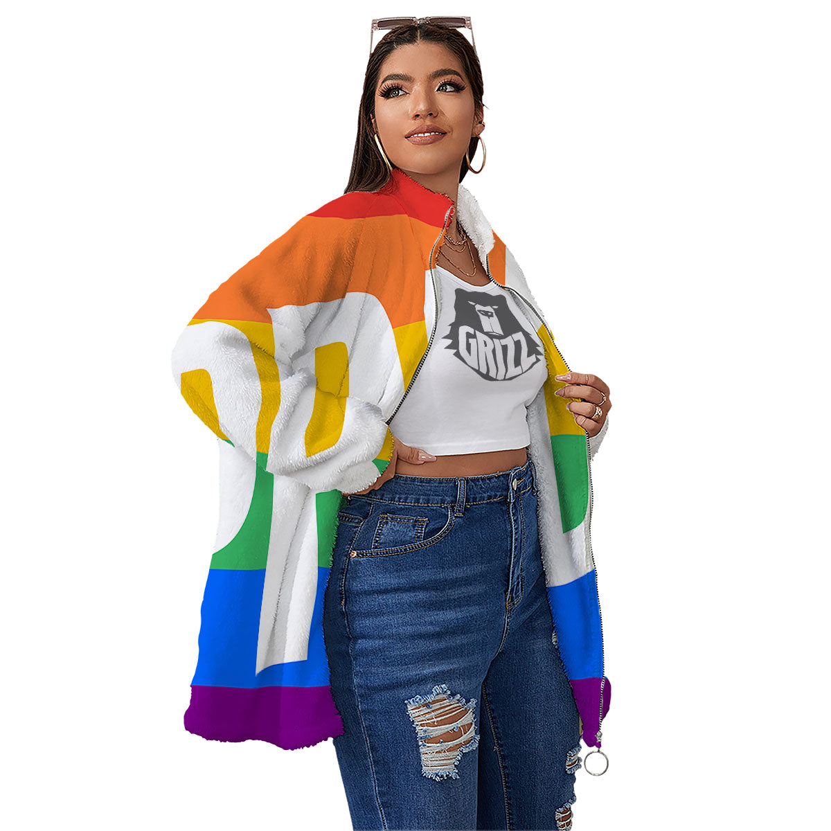 LGBT Pride Flag Pattern Print Women's Sherpa Jacket-grizzshop