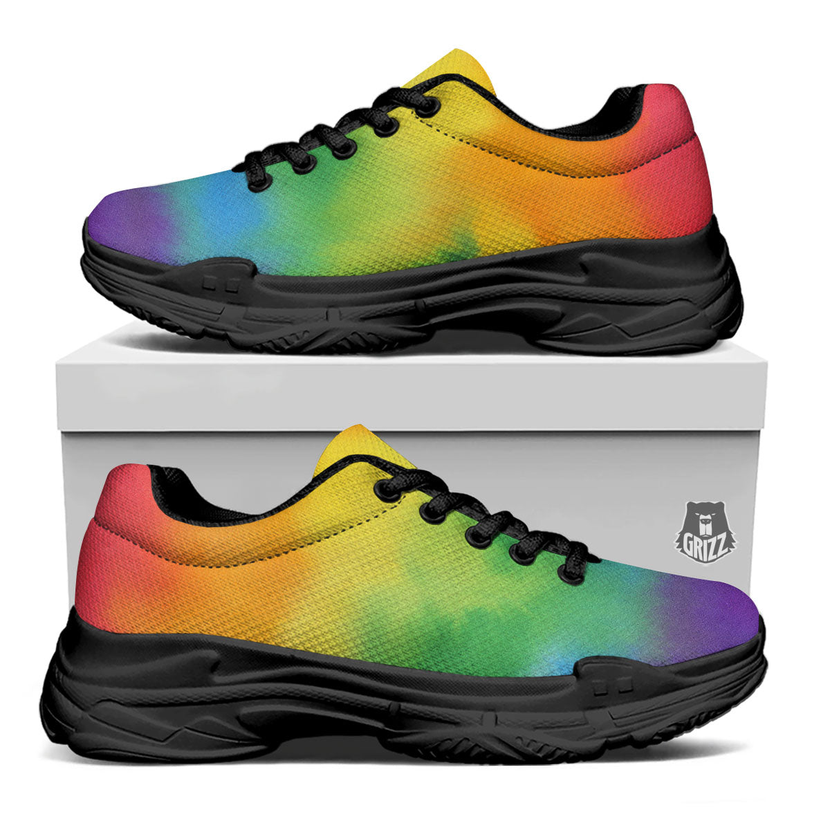 LGBT Pride Watercolor Rainbow Print Black Chunky Shoes-grizzshop