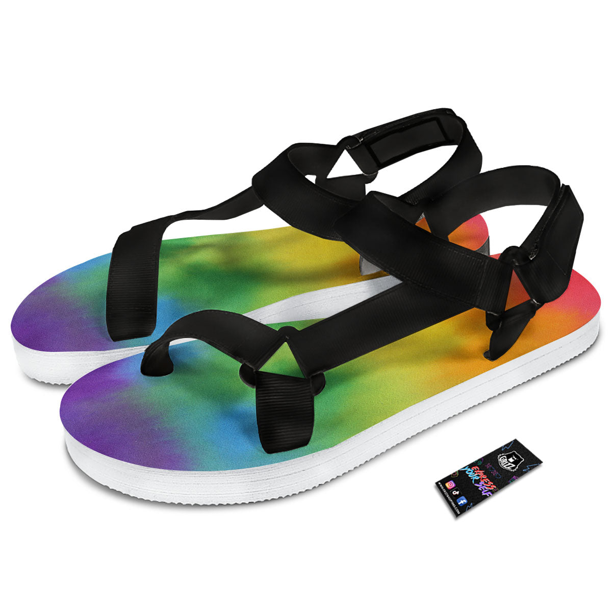 LGBT Pride Watercolor Rainbow Print Black Open Toe Sandals-grizzshop